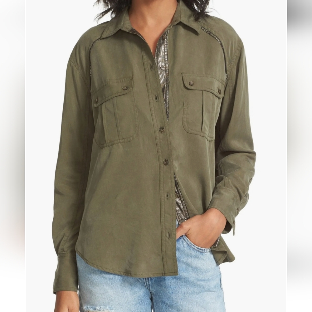 Free People Onee People Olive Green Button-Up Shirt Size S